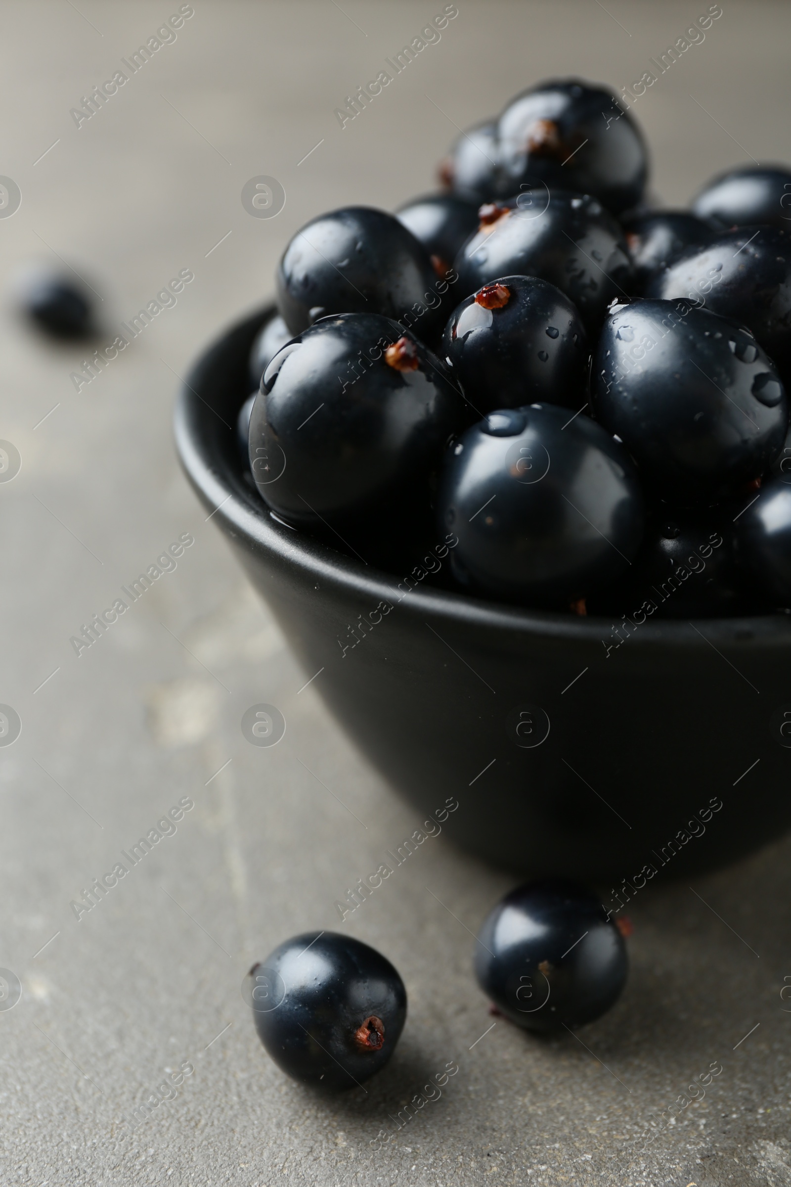 Photo of Ripe black currants in bowl on grey table, closeup