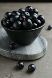 Ripe black currants in bowl on grey table