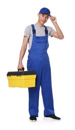 Photo of Auto mechanic with tool box on white background