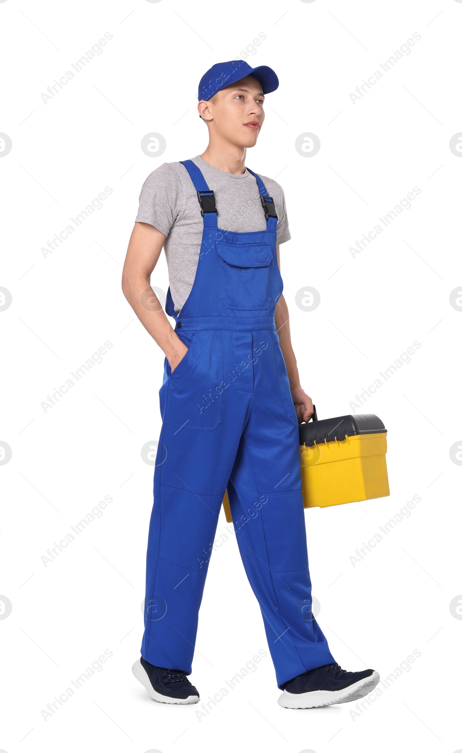 Photo of Auto mechanic with tool box on white background