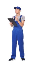 Auto mechanic working with clipboard on white background