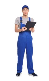 Auto mechanic with clipboard on white background