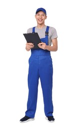 Photo of Smiling auto mechanic with clipboard on white background