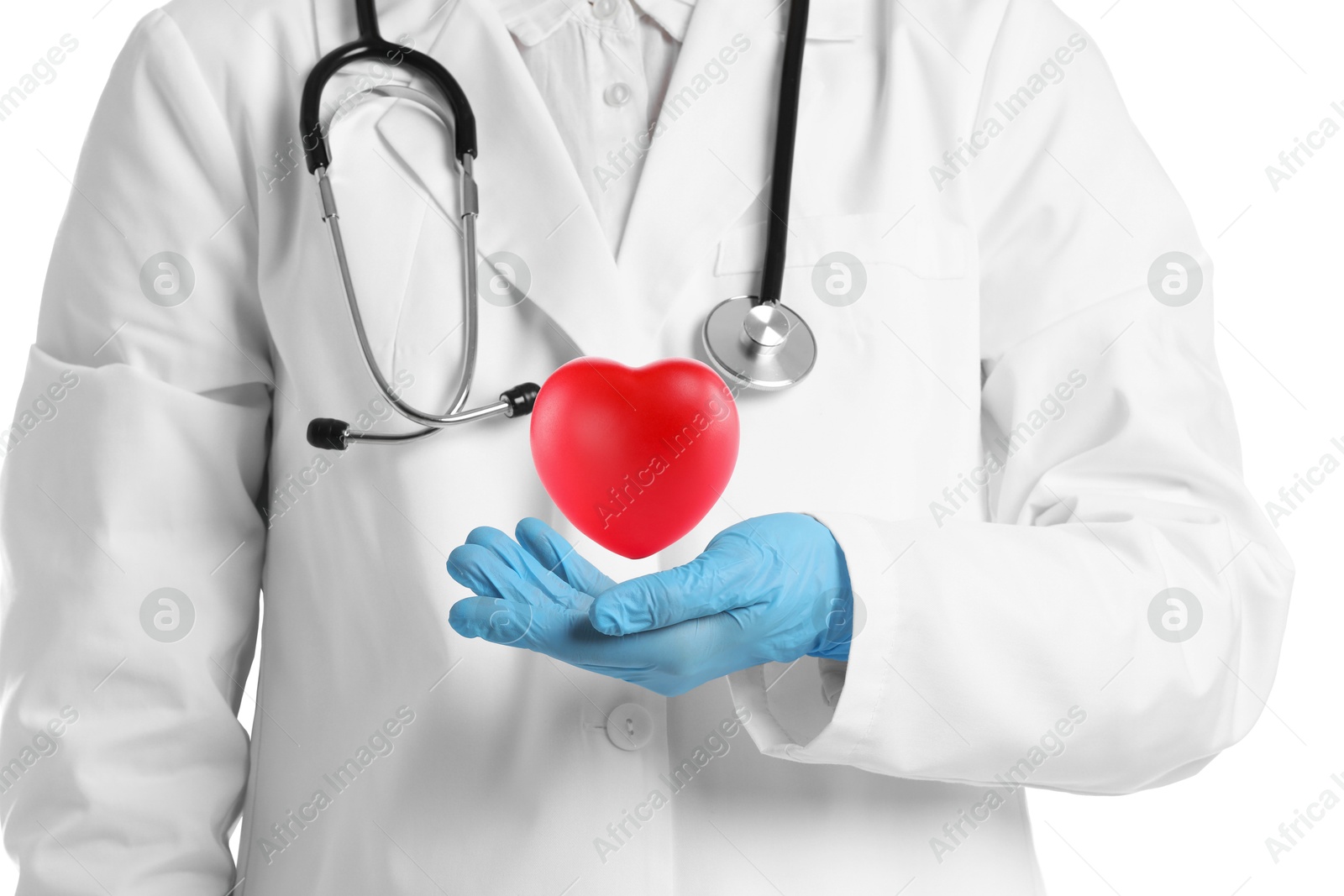 Image of Doctor holding red heart on white background, closeup