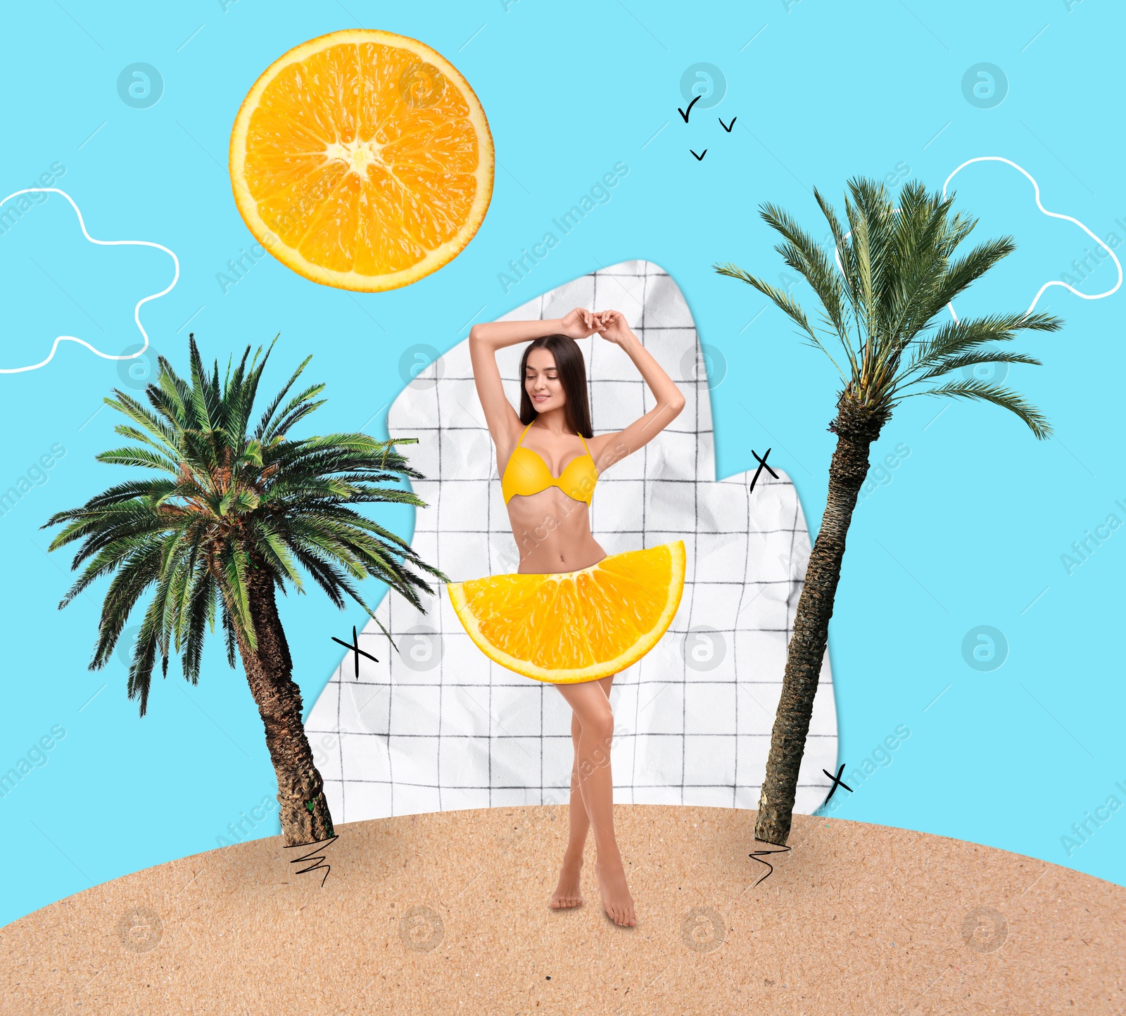 Image of Summer creative collage with attractive woman in bikini, tropical palms and orange