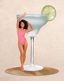 Pretty woman in one-piece swimsuit near big cocktail on beige background, summer collage