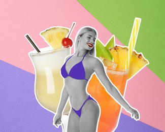 Image of Pretty woman in bikini near big cocktails on colorful background, summer collage