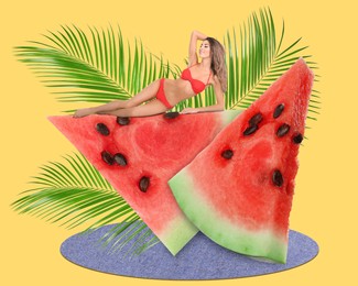 Attractive woman in bikini lying on piece of watermelon on golden background, creative summer collage