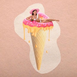 Image of Summer collage with attractive woman in bikini. Inflatable ring melting as ice cream on top of cone, creative artwork