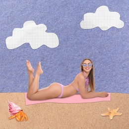 Image of Summer collage with attractive woman in bikini on beach made of different color paper