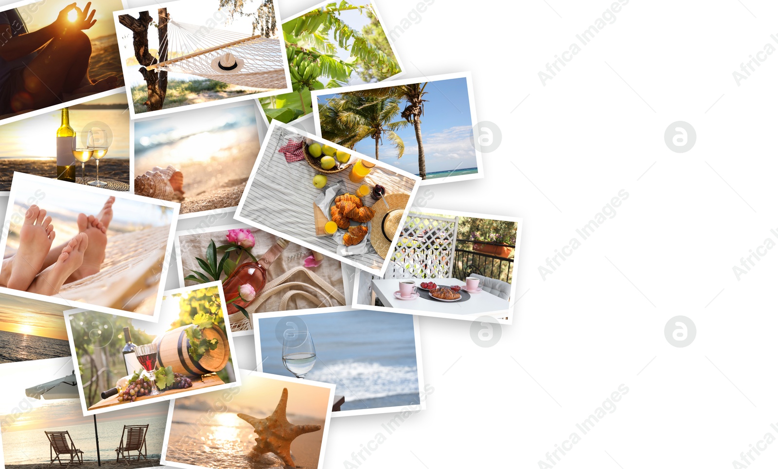 Image of Precious summer moments, banner design. Many different photos on white background