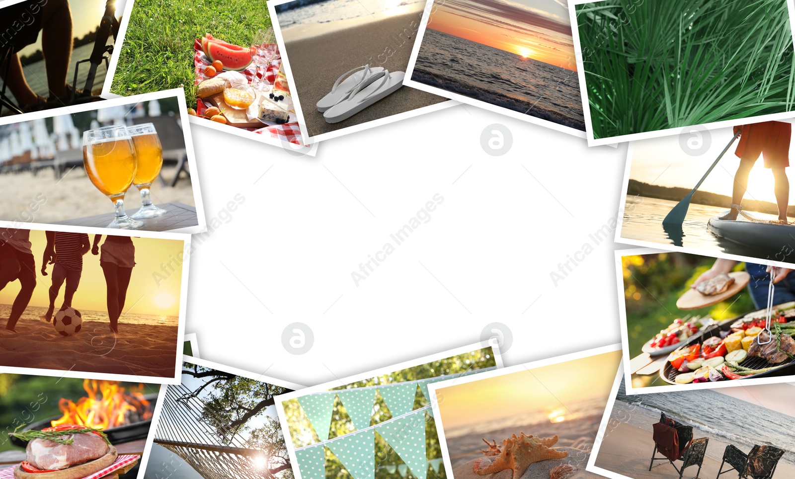 Image of Frame of summer photos on white background, top view. Banner design