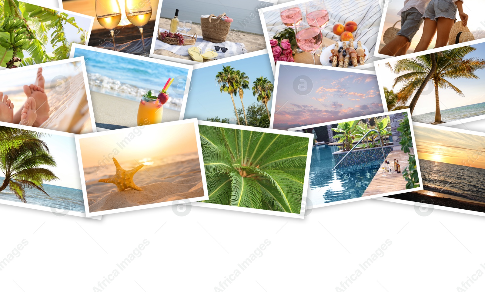 Image of Many summer photos on white background, banner design