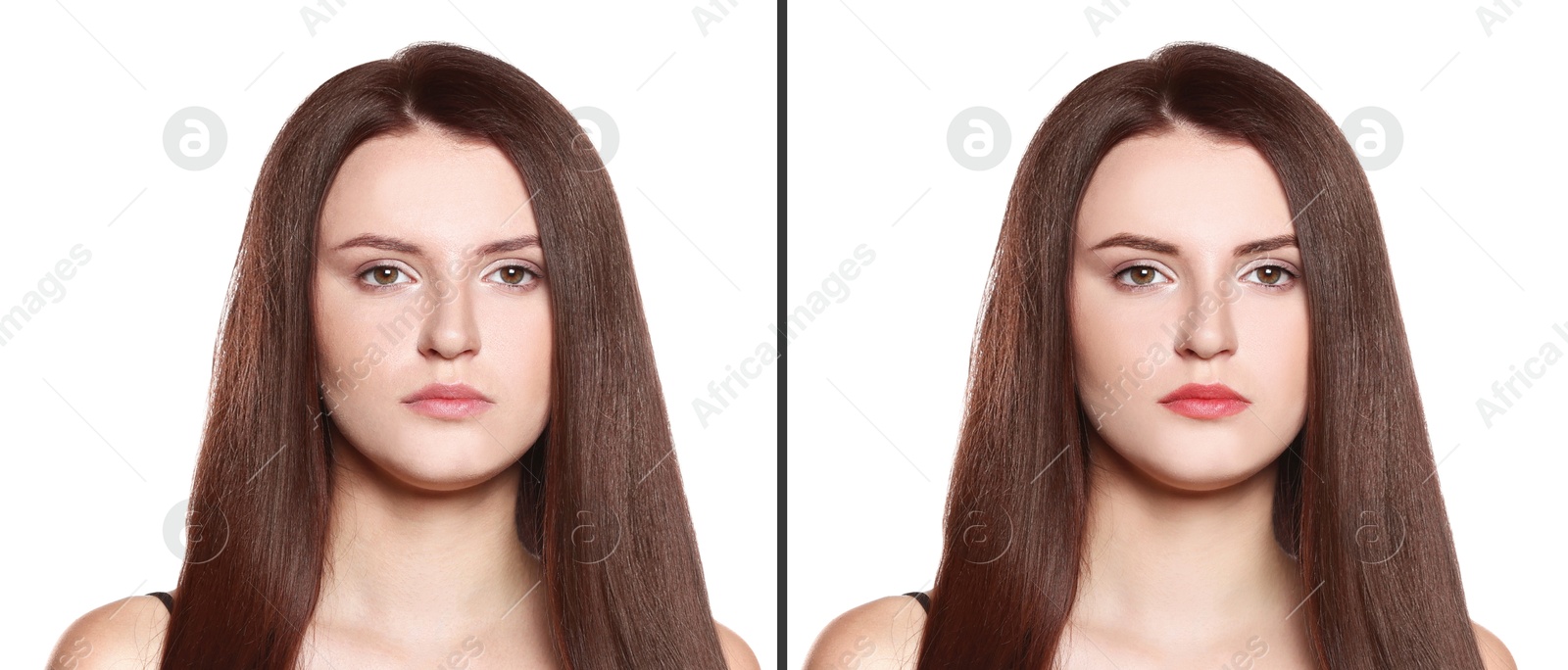 Image of Collage with photos of young beautiful woman before and after permanent makeup procedure, closeup