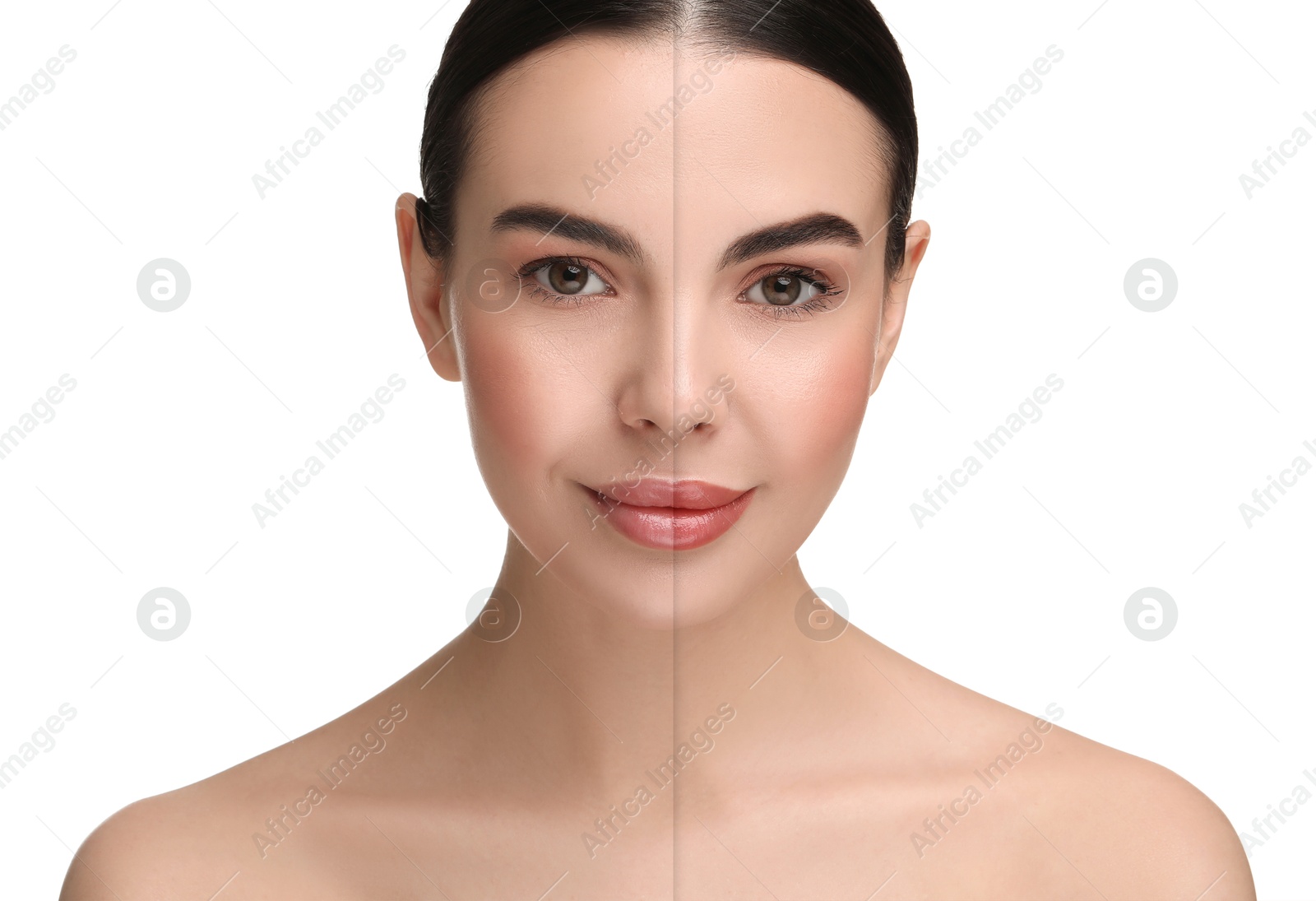 Image of Collage with photos of young beautiful woman before and after permanent makeup procedure, closeup