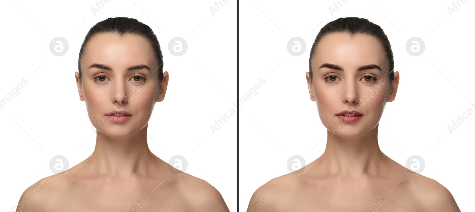 Image of Collage with photos of young beautiful woman before and after permanent makeup procedure, closeup