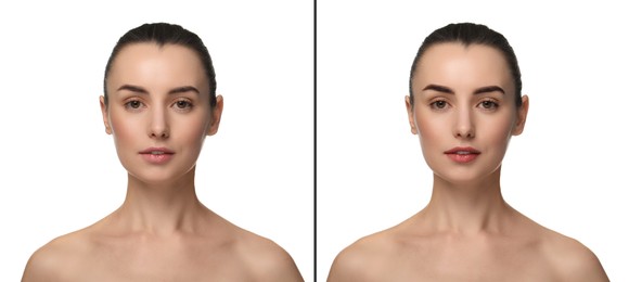 Image of Collage with photos of young beautiful woman before and after permanent makeup procedure, closeup