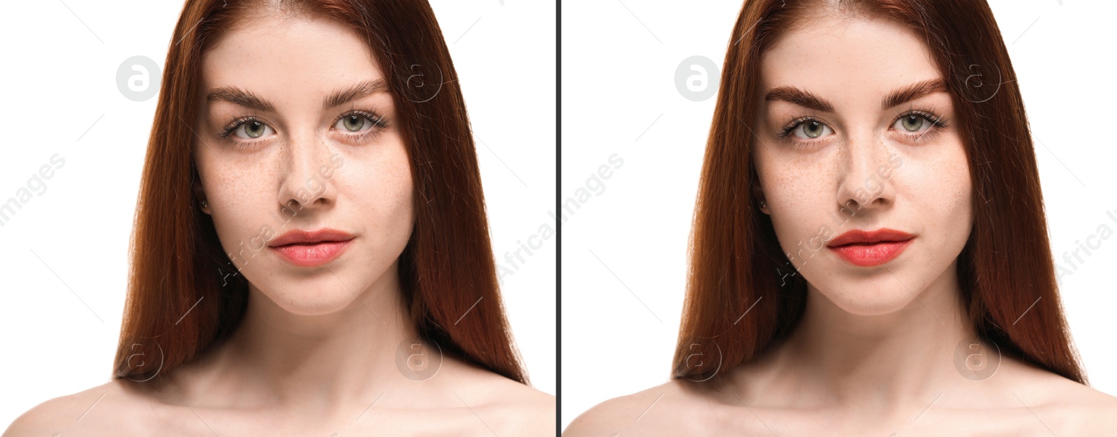 Image of Collage with photos of young beautiful woman before and after permanent makeup procedure, closeup