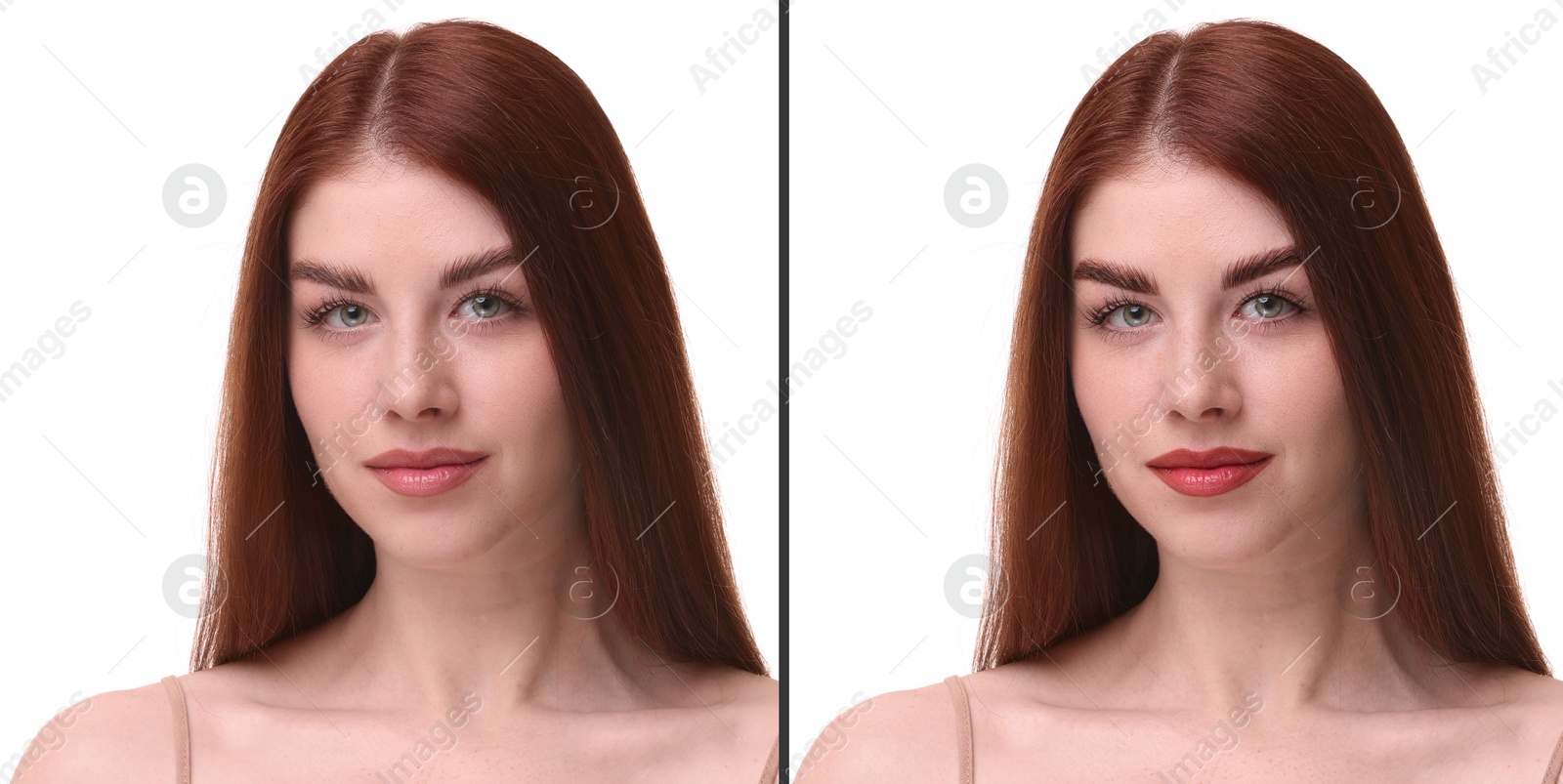 Image of Collage with photos of young beautiful woman before and after permanent makeup procedure, closeup