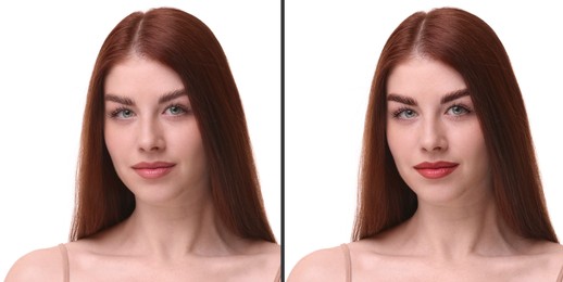 Collage with photos of young beautiful woman before and after permanent makeup procedure, closeup