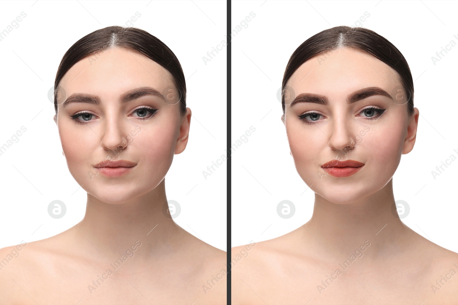 Image of Collage with photos of young beautiful woman before and after permanent makeup procedure, closeup