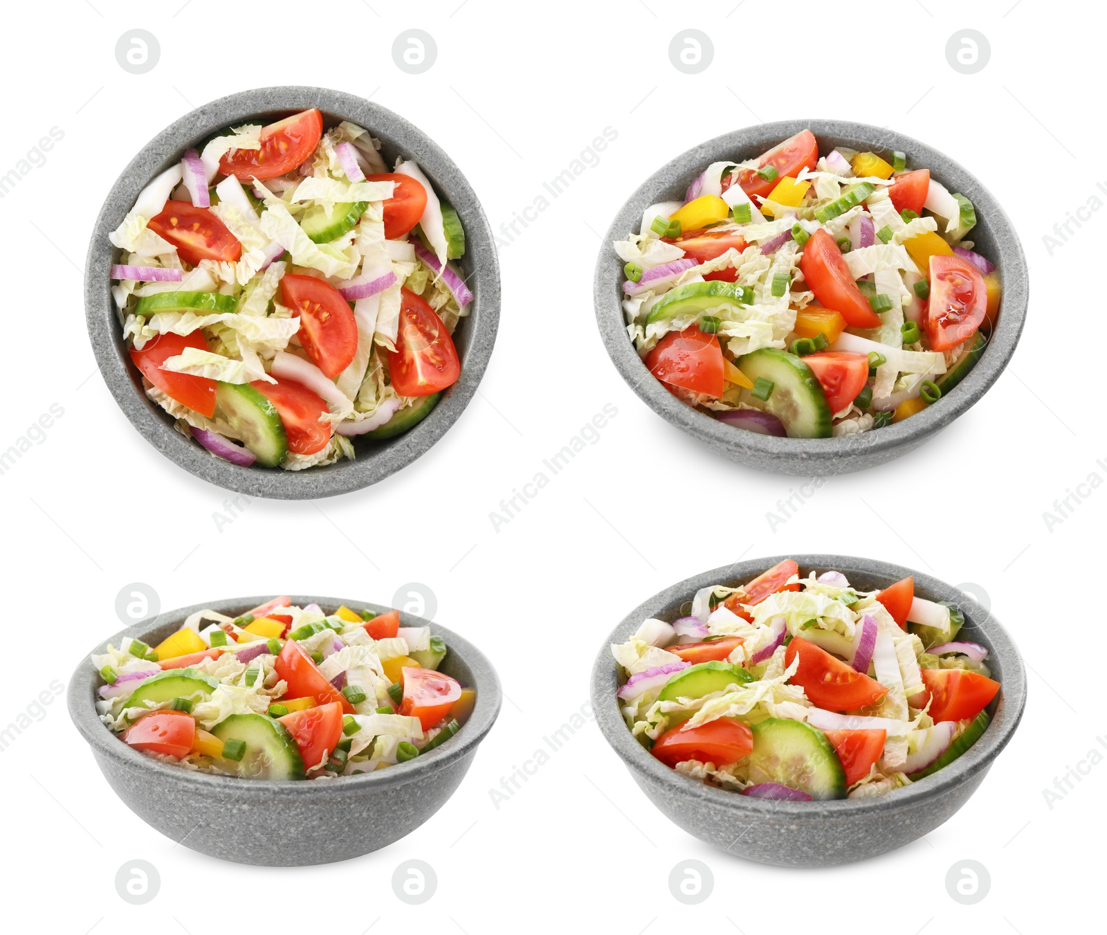 Image of Tasty salad with Chinese cabbage in bowl isolated on white, top and side views