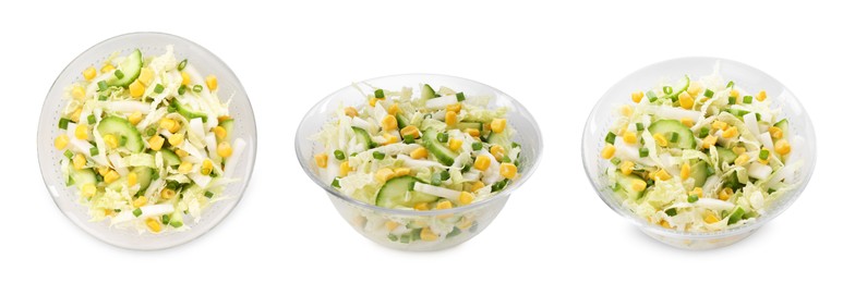 Image of Tasty salad with Chinese cabbage in bowl isolated on white, top and side views