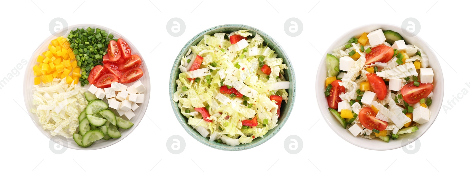 Image of Set of different salads isolated on white, top view