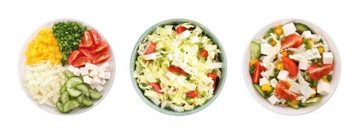 Image of Set of different salads isolated on white, top view