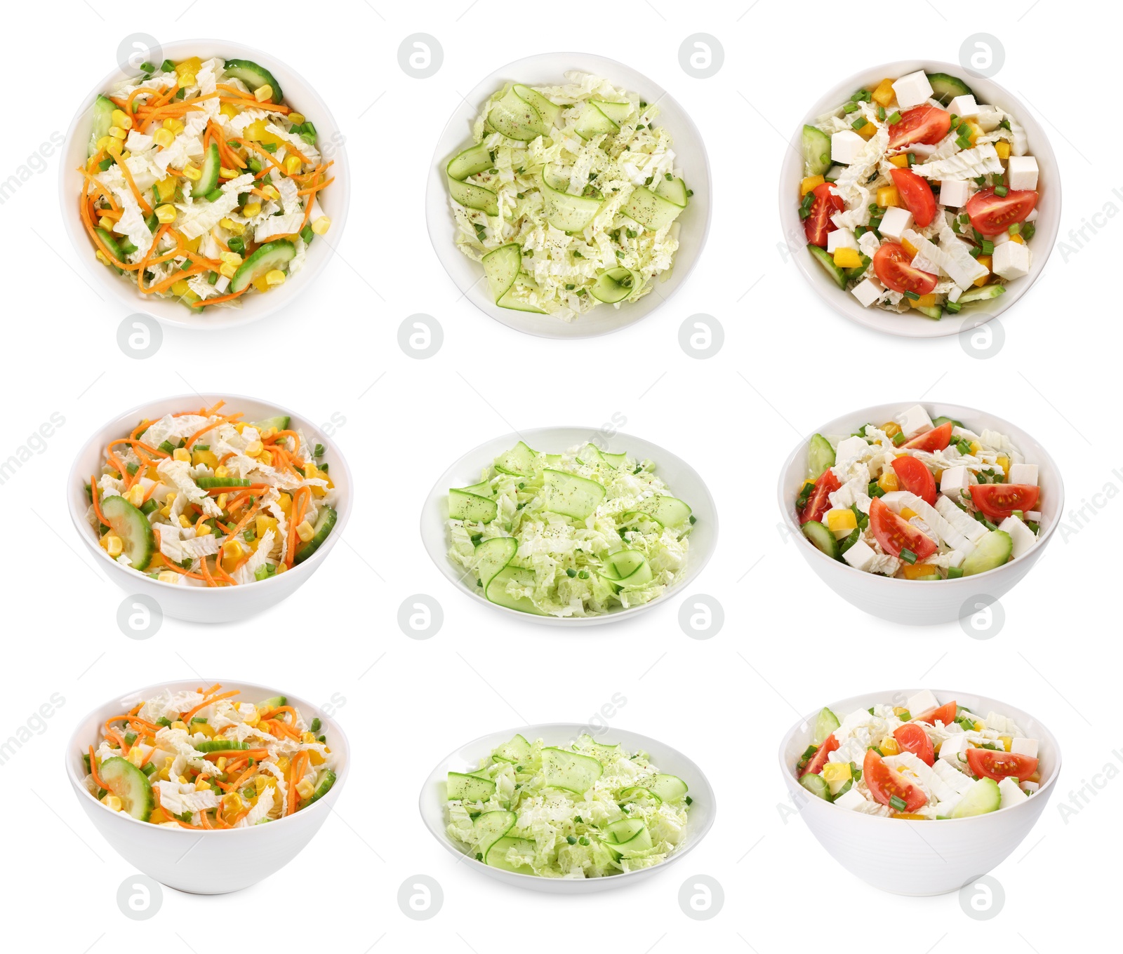 Image of Set of different salads isolated on white, top and side views