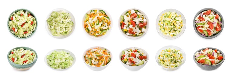 Image of Set of different salads isolated on white, top and side views