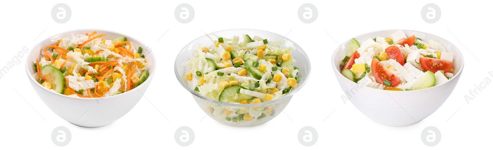 Image of Set of different salads isolated on white