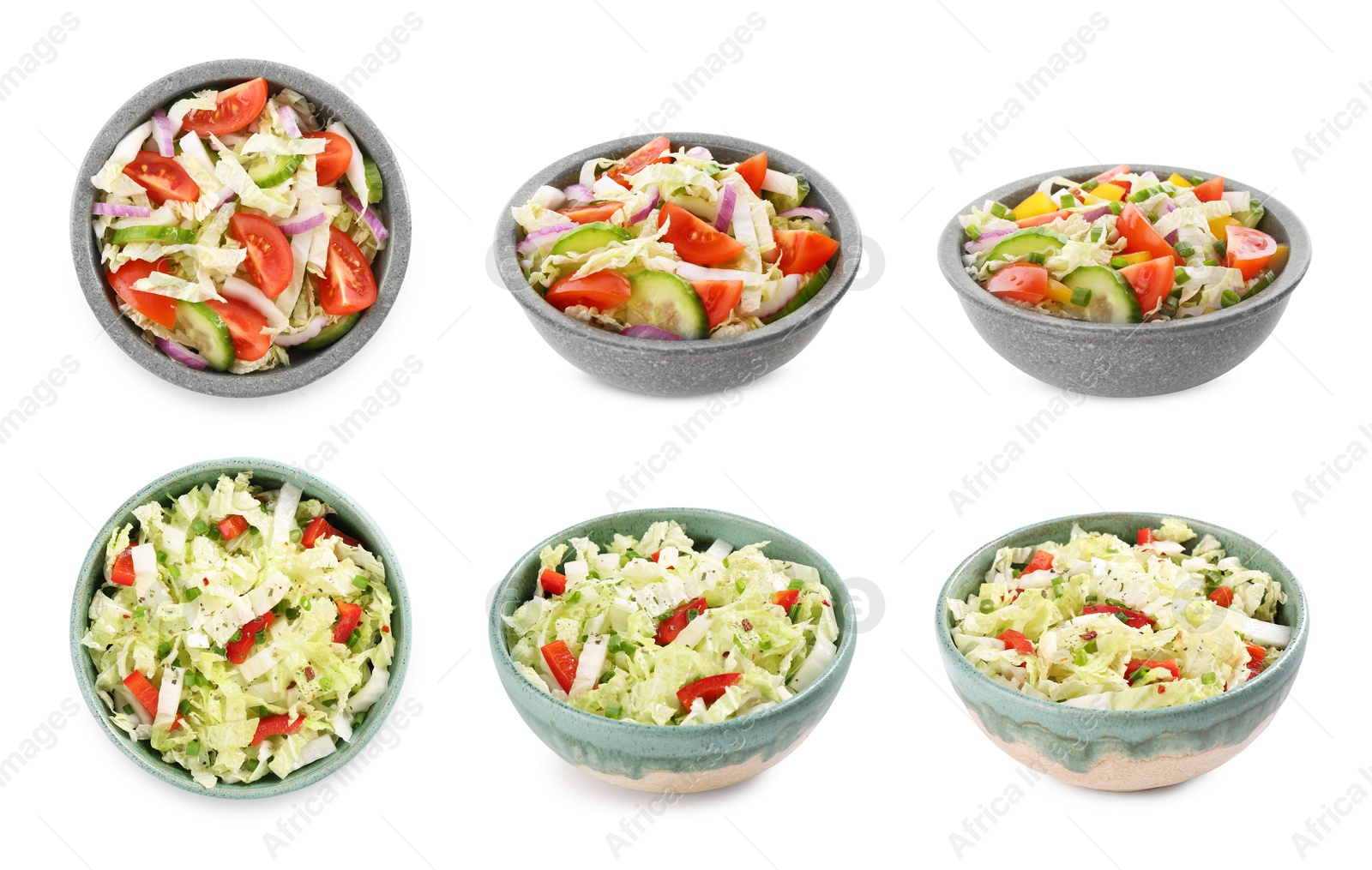 Image of Different salads isolated on white, top and side views