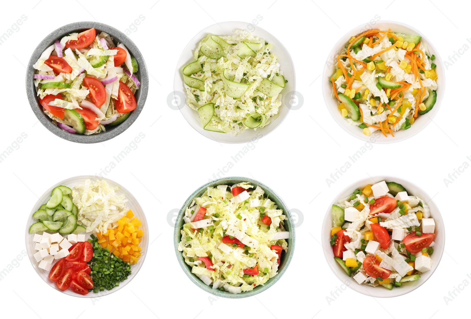 Image of Set of different salads isolated on white, top view