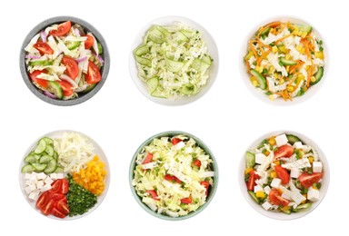 Image of Set of different salads isolated on white, top view