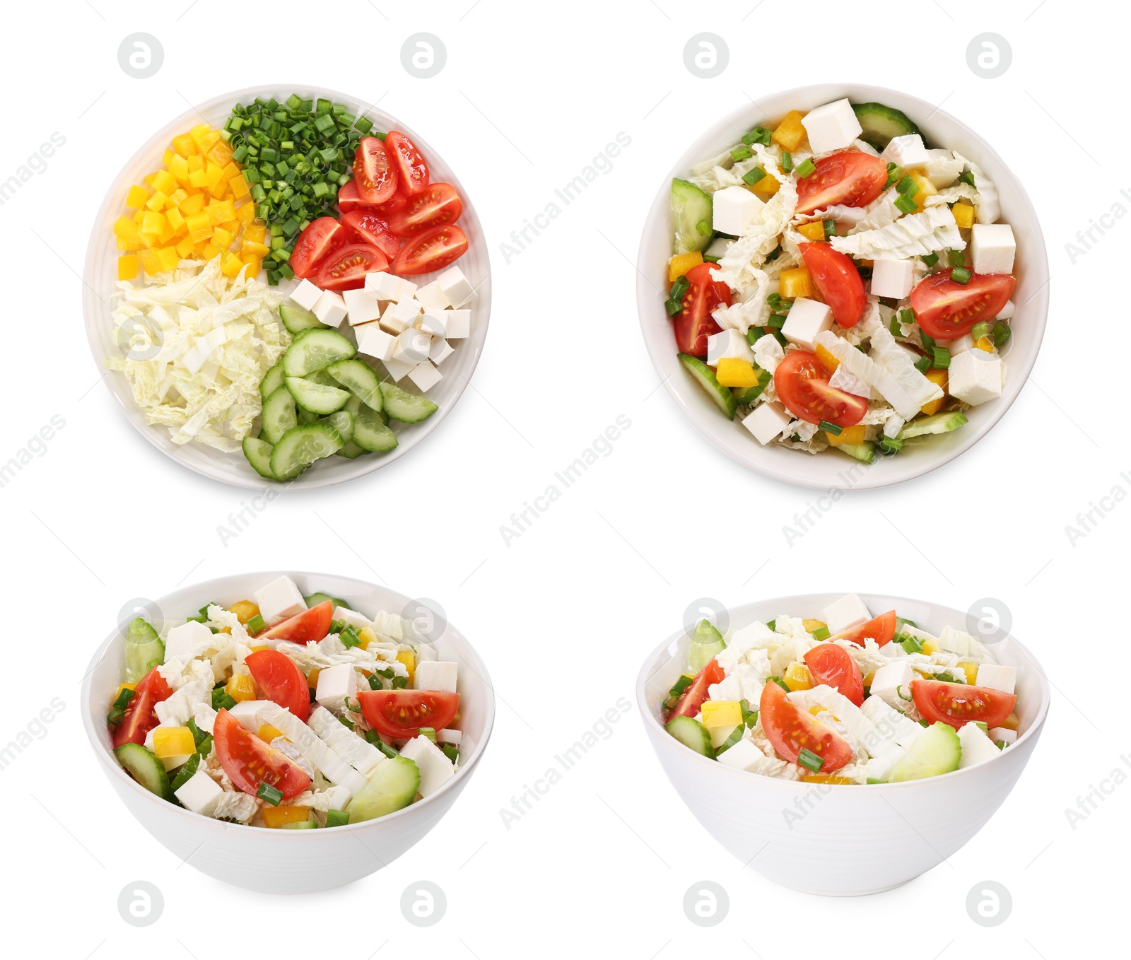 Image of Different salads isolated on white, top and side views