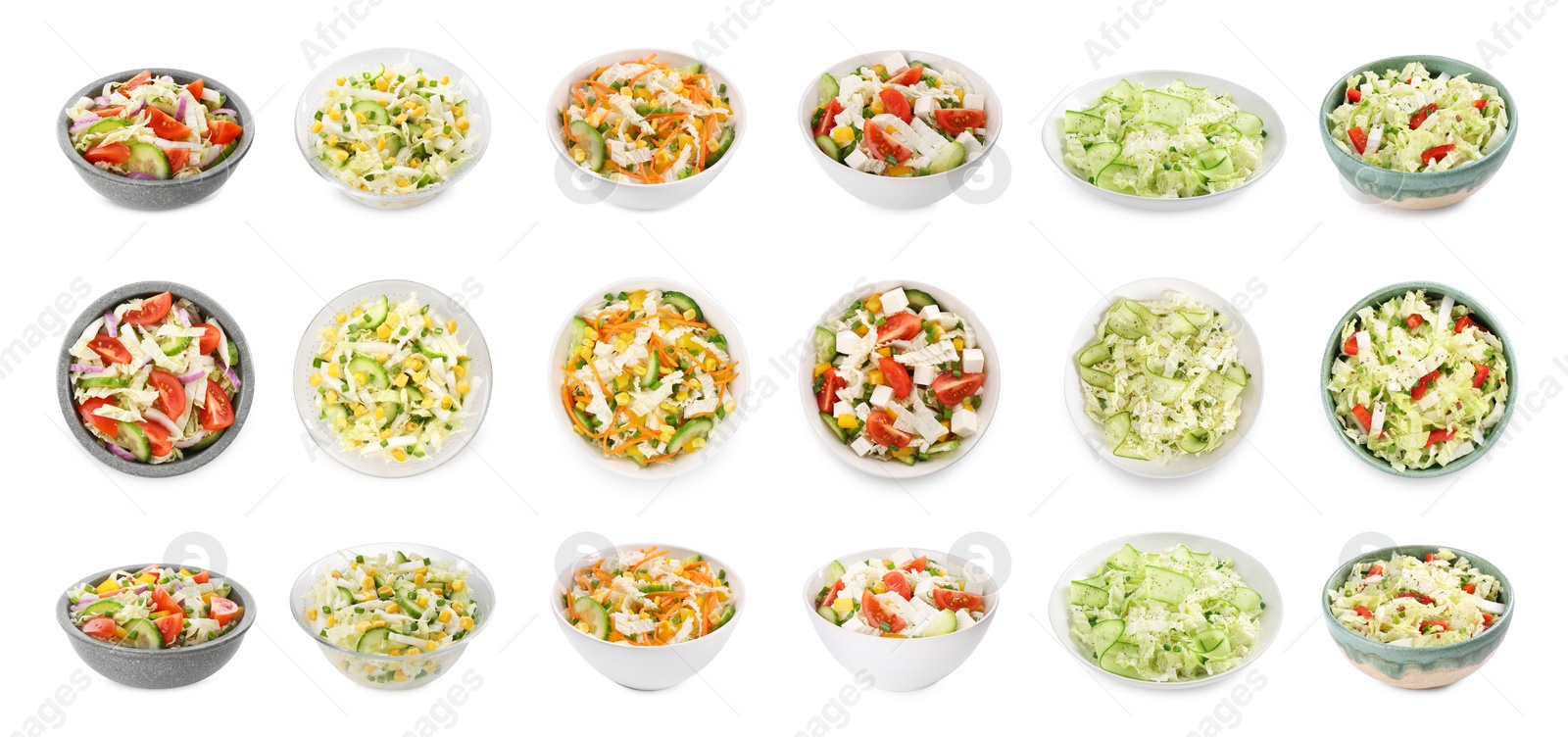 Image of Set of different salads isolated on white, top and side views