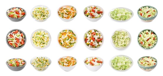 Image of Set of different salads isolated on white, top and side views