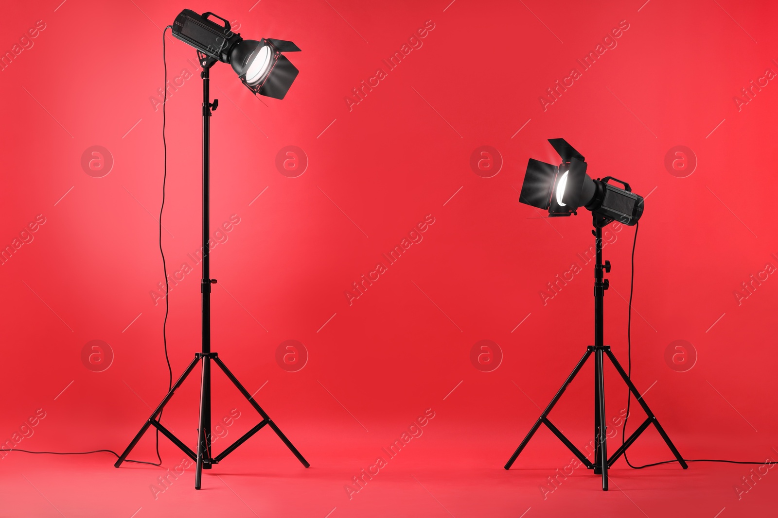 Photo of Red photo background and professional lighting equipment in studio