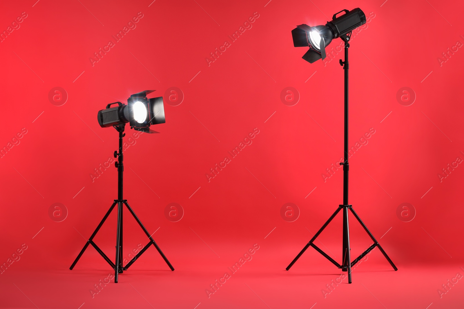 Photo of Red photo background and professional lighting equipment in studio