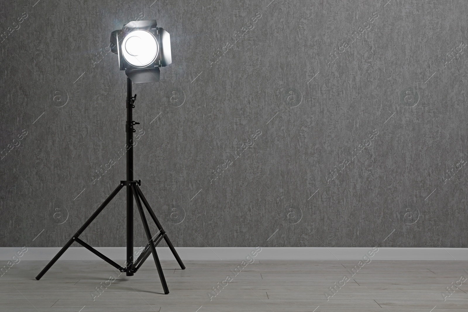 Photo of Grey photo background and professional lighting equipment in studio, space for text