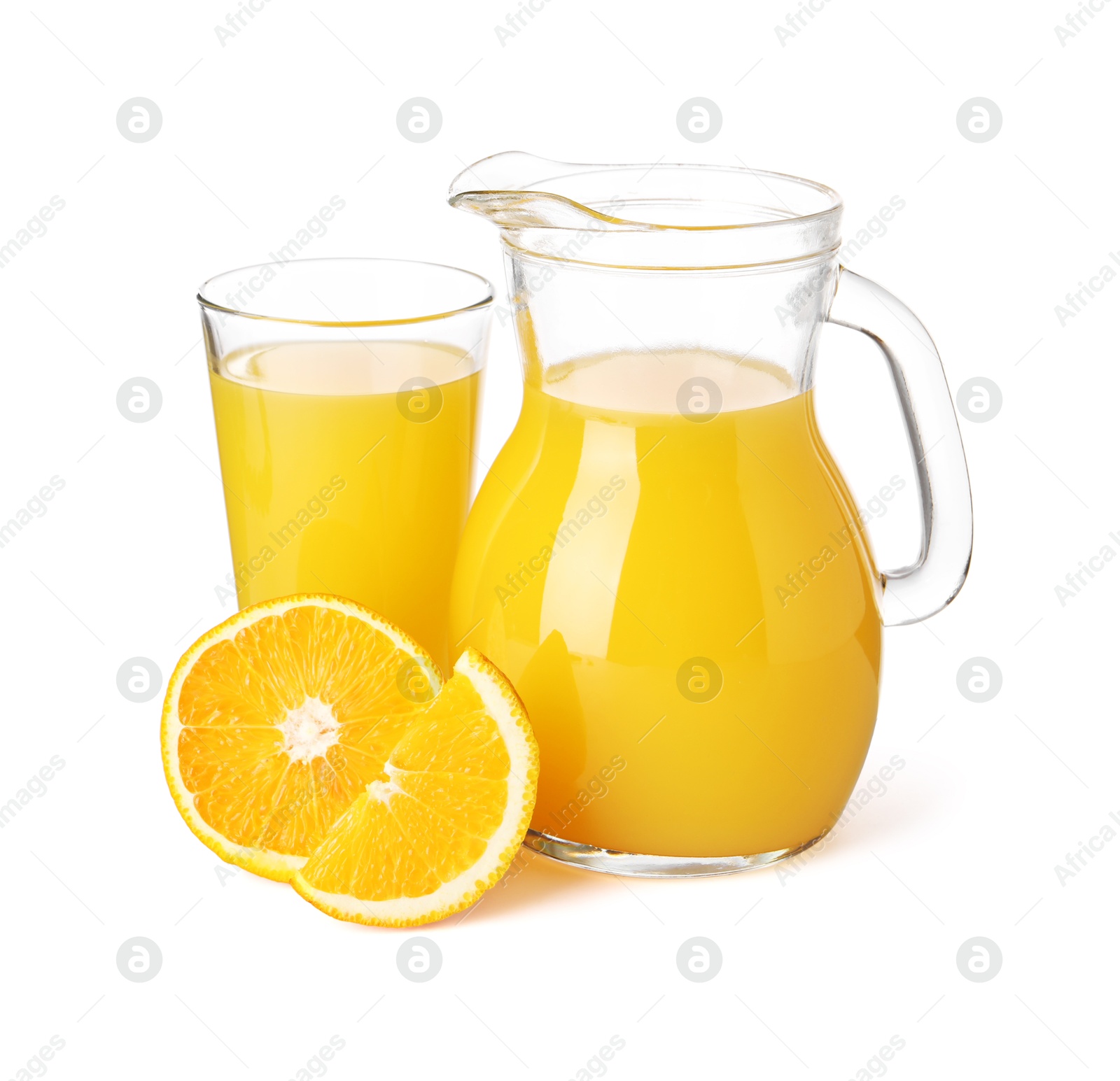 Photo of Tasty orange juice in jug, glass and citrus fruit isolated on white