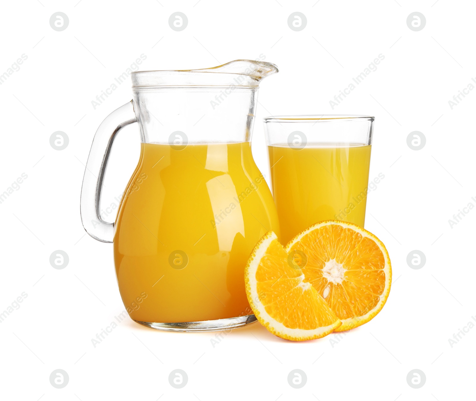 Photo of Tasty orange juice in jug, glass and citrus fruit isolated on white