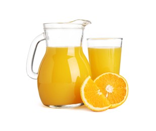 Photo of Tasty orange juice in jug, glass and citrus fruit isolated on white