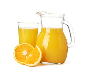 Photo of Tasty orange juice in jug, glass and citrus fruit isolated on white