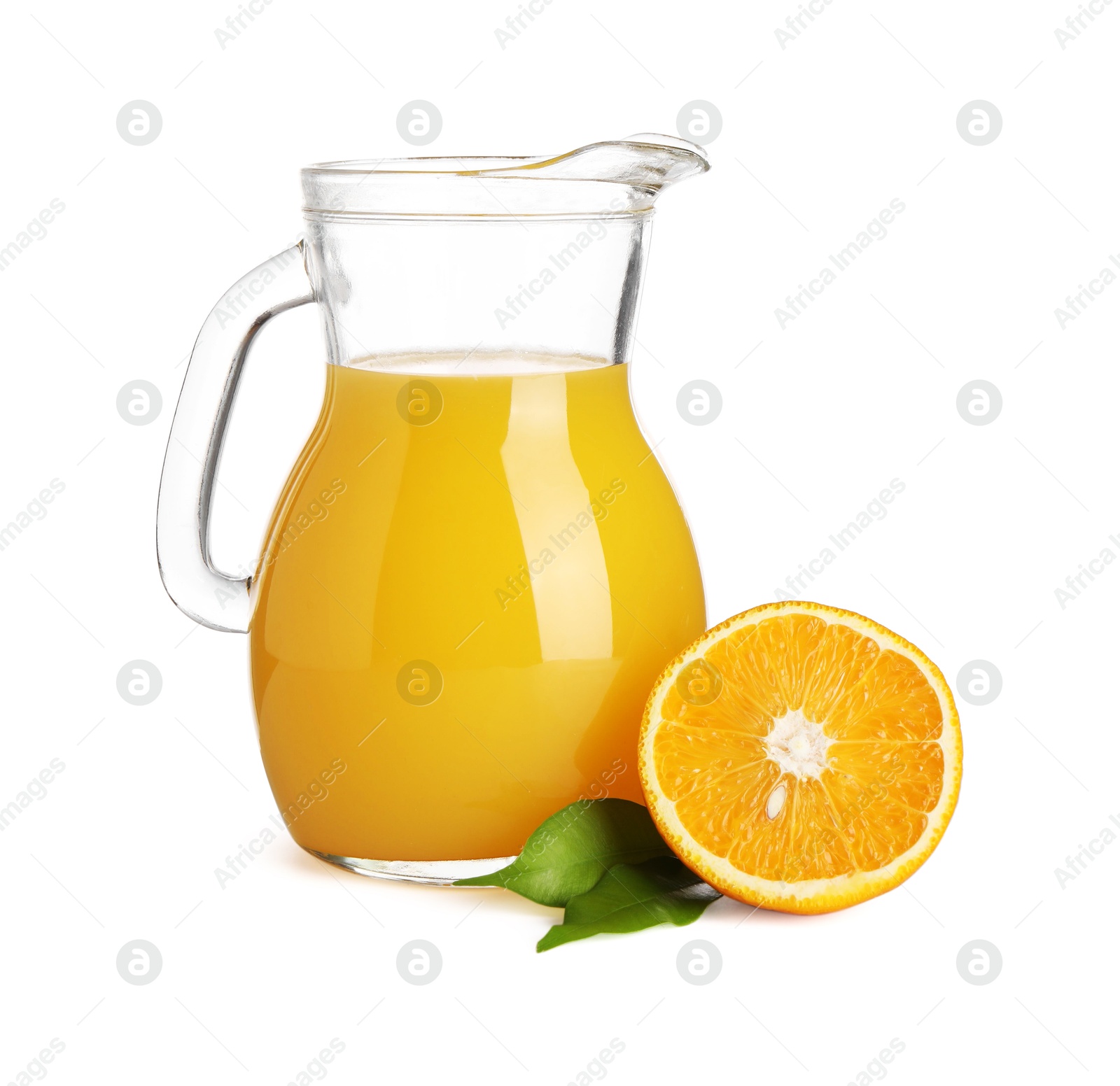 Photo of Tasty orange juice in jug and citrus fruit isolated on white