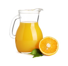 Photo of Tasty orange juice in jug and citrus fruit isolated on white