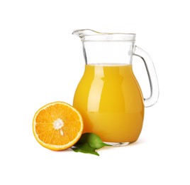 Tasty orange juice in jug and citrus fruit isolated on white