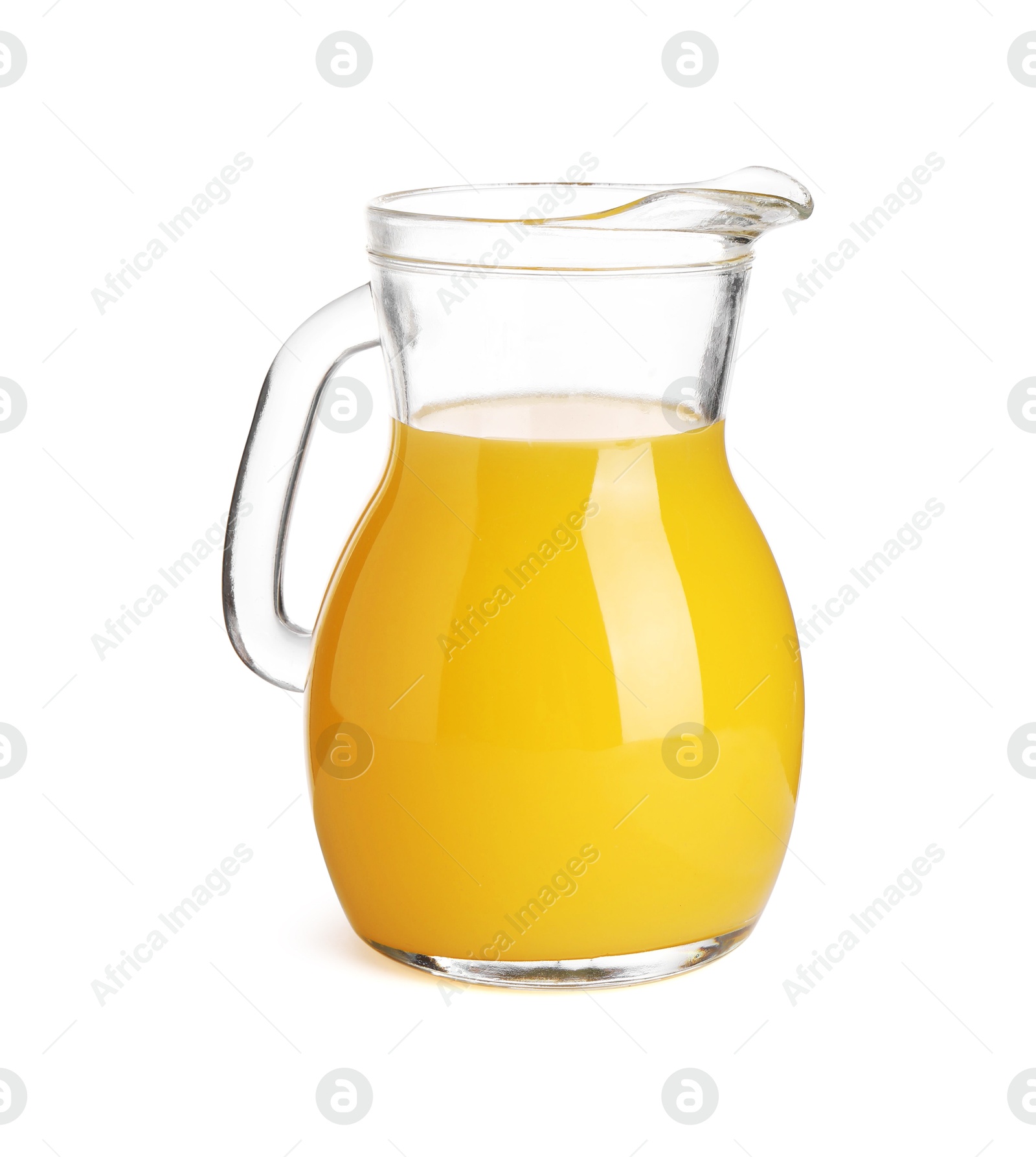 Photo of Tasty orange juice in jug isolated on white