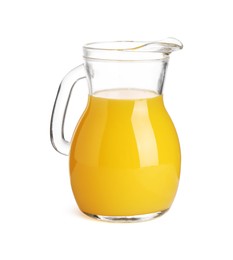 Tasty orange juice in jug isolated on white